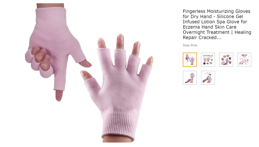 Fingerless moisturizing gloves for daytime treatment for dry, rough, cracked, or callused hands.