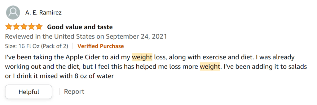 ACV has been a needed weight loss boost in addition to my existing diet and exercise plan.